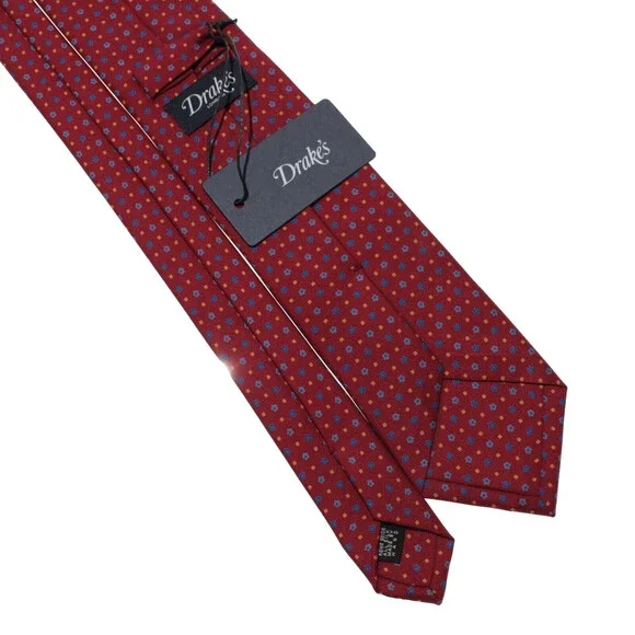 Drake's NWT Neck Tie in Red w/ Blue & Yellow Floral / Square Pattern 100% Silk